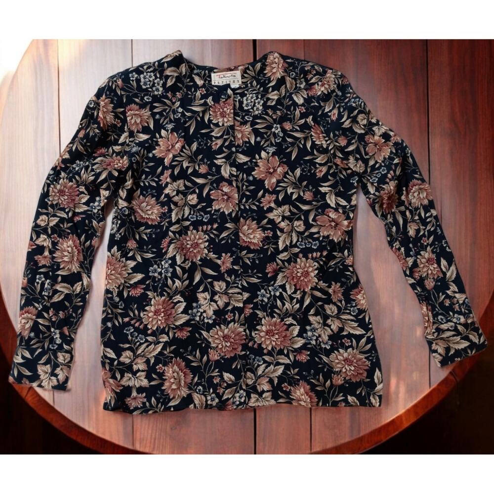 TALBOTS VINTAGE 90s Floral Blouse Top SM Boho Cottage Green Pink Flowers Petals